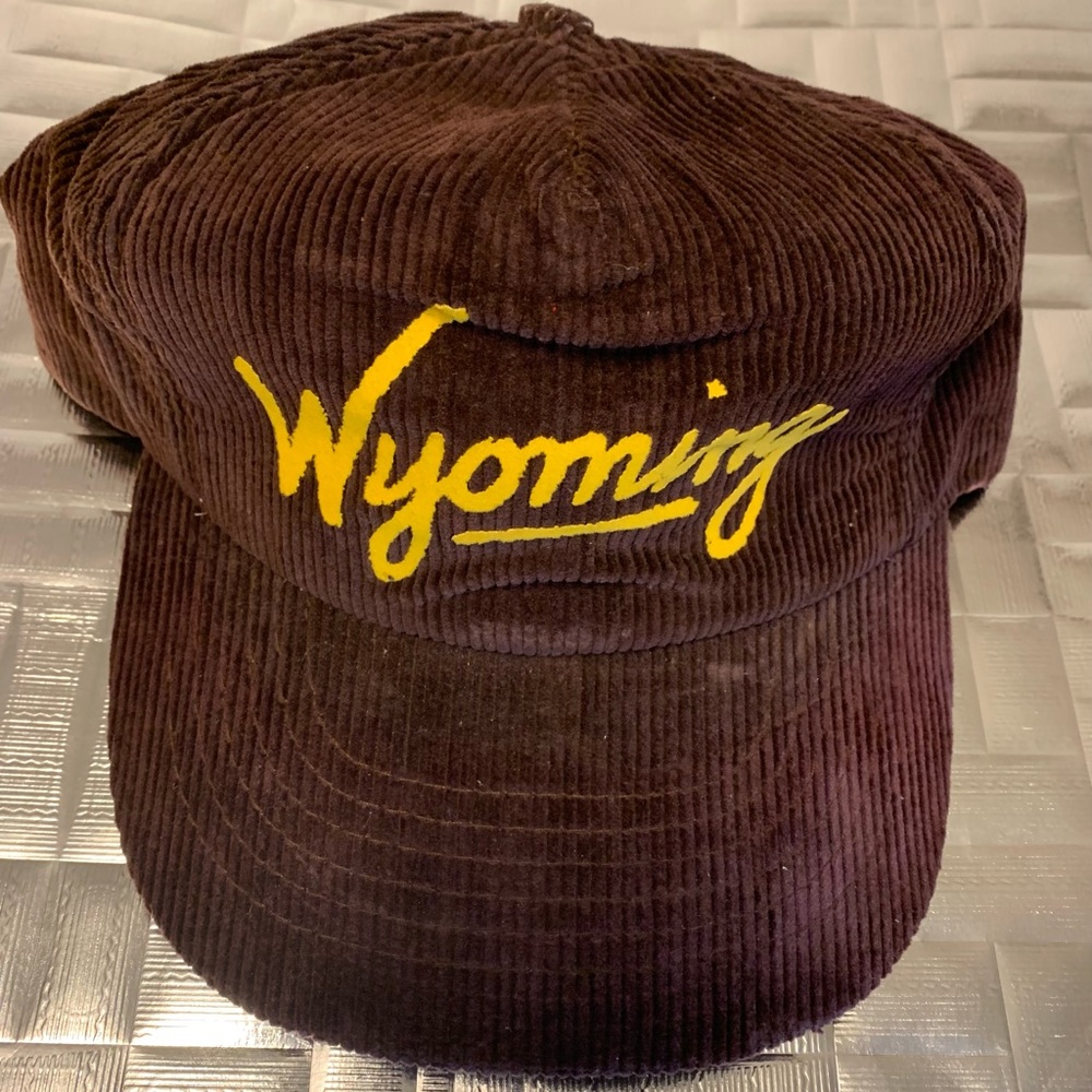 Vintage 90s Wyoming Corduroy Trucker Adjustable Hat Mesh Brown Gold Script